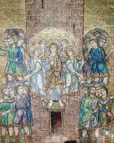 The Tower of Babel, detail of Christ and saints dispersing the workers by Byzantine School